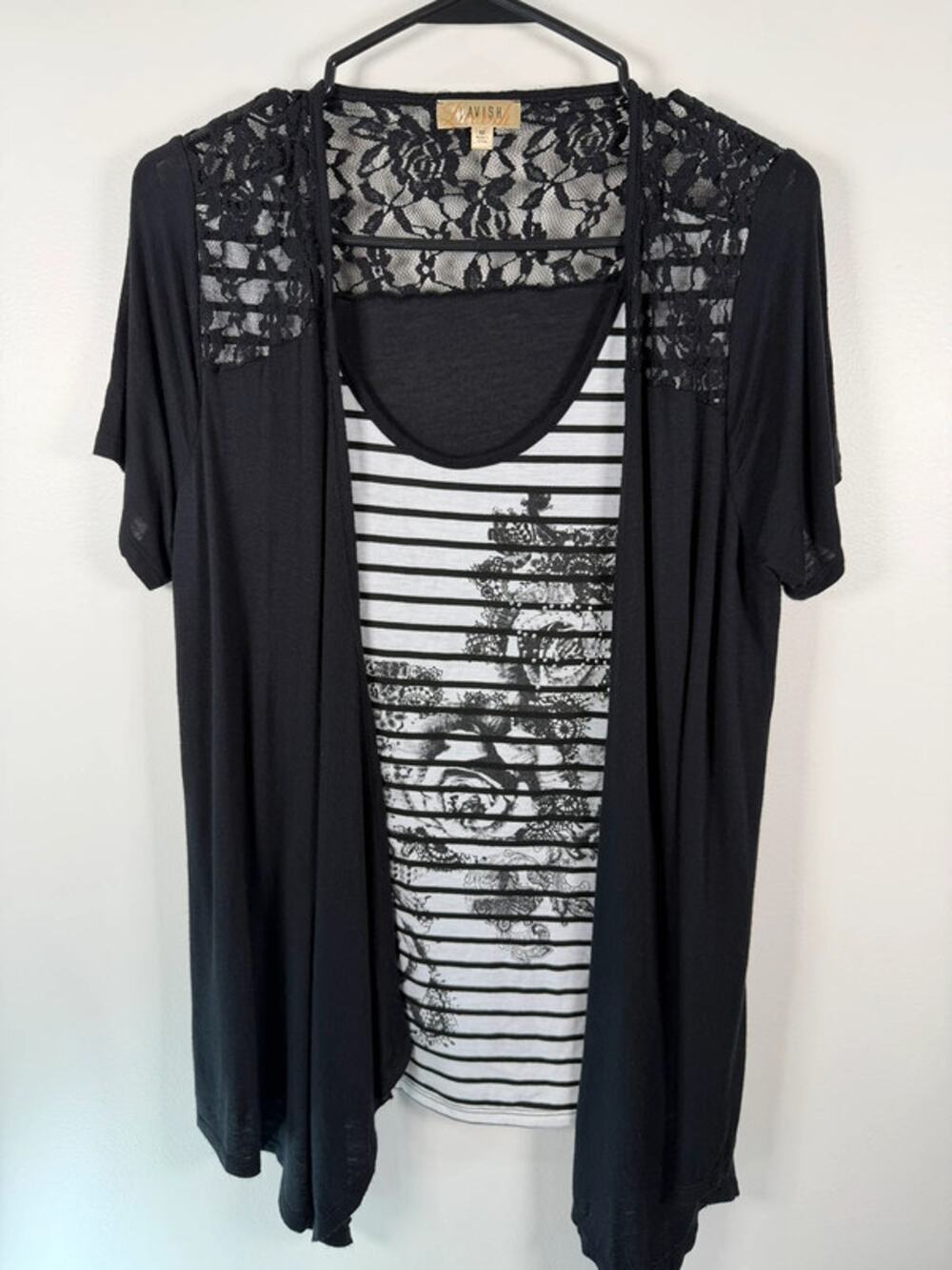 Lavish Womens 2-in-1 Layered Top M Black White Lace Yoke Stripe Rose Rhinestone